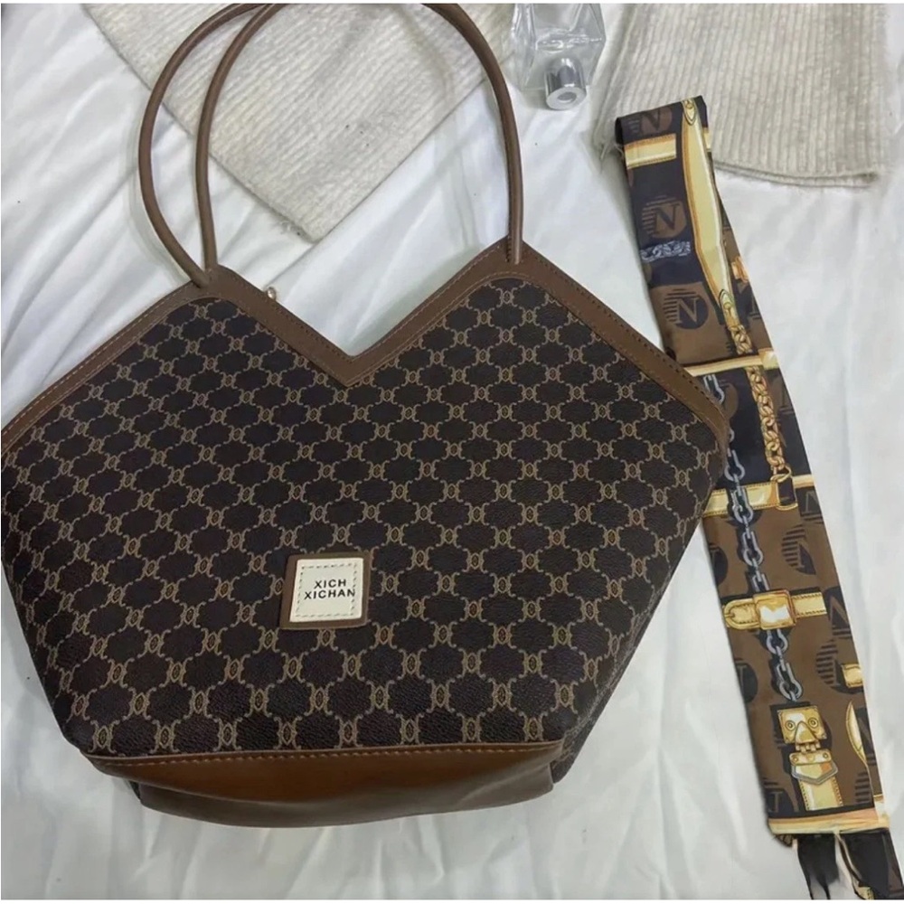 Classic Geometric Pattern Tote Purse Bag Trendy Shoulder Bag Brown Scarf Decor - Picture 2 of 9